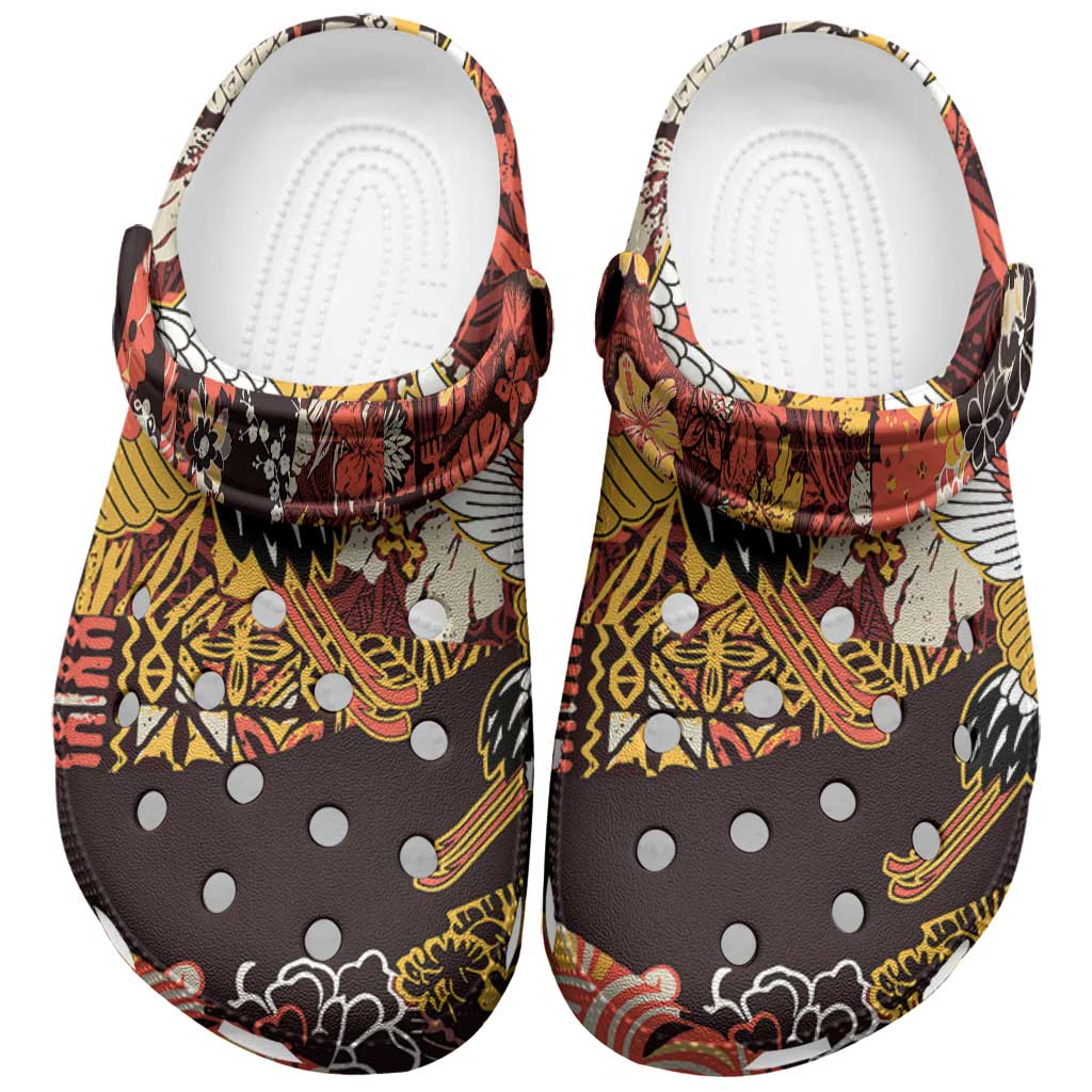Japanese Hawaiian Crane Clogs Shoes Yellow Ochre Tapa Patchwork Pattern