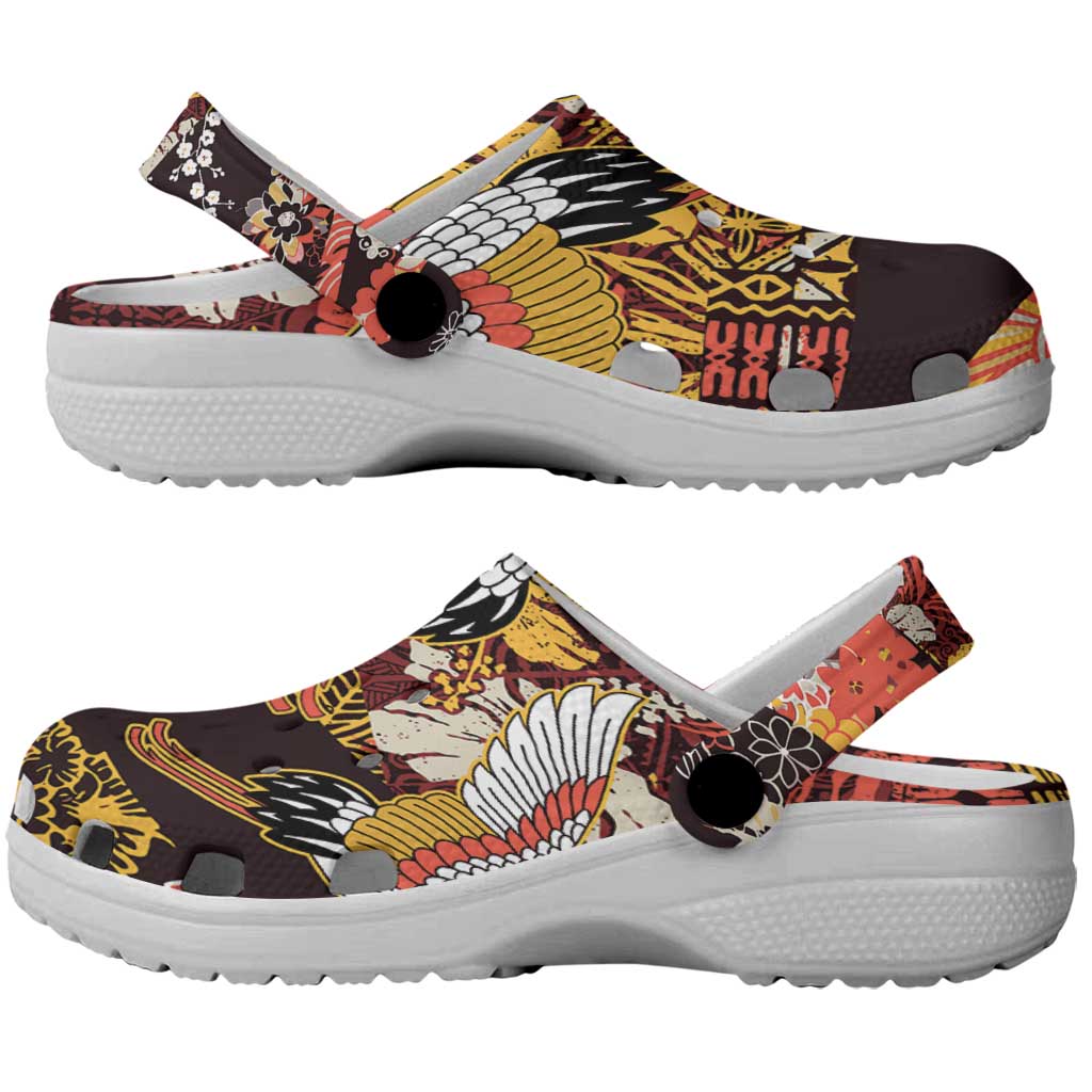 Japanese Hawaiian Crane Clogs Shoes Yellow Ochre Tapa Patchwork Pattern LT9 - Polynesian Pride