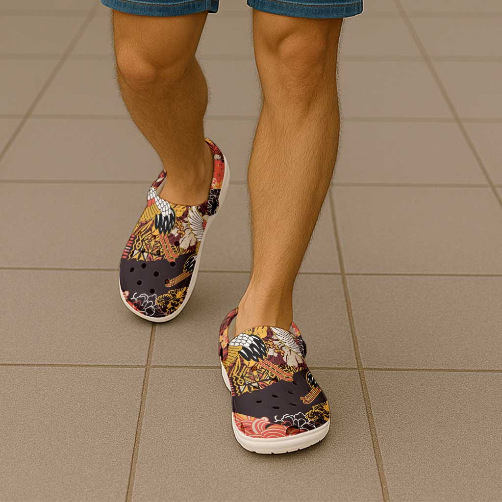 Japanese Hawaiian Crane Clogs Shoes Yellow Ochre Tapa Patchwork Pattern LT9 - Polynesian Pride