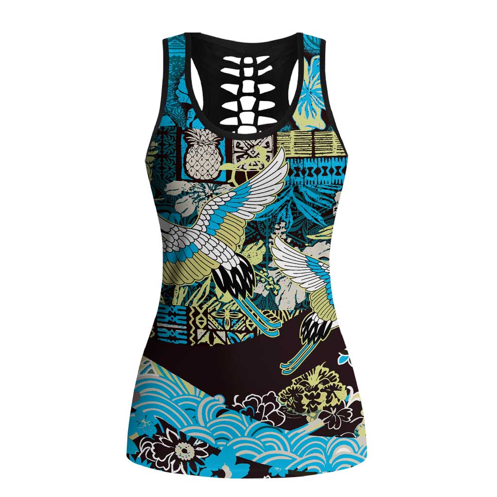 Japanese Hawaiian Crane Hollow Tank Top Blue Tapa Patchwork Pattern LT9 Female Blue - Polynesian Pride