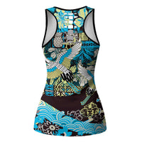 Japanese Hawaiian Crane Hollow Tank Top Blue Tapa Patchwork Pattern LT9 - Polynesian Pride
