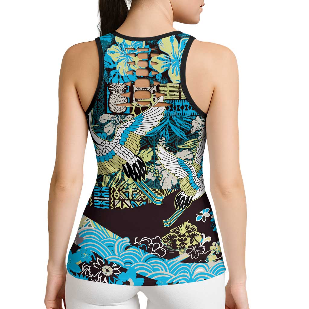 Japanese Hawaiian Crane Hollow Tank Top Blue Tapa Patchwork Pattern LT9 - Polynesian Pride