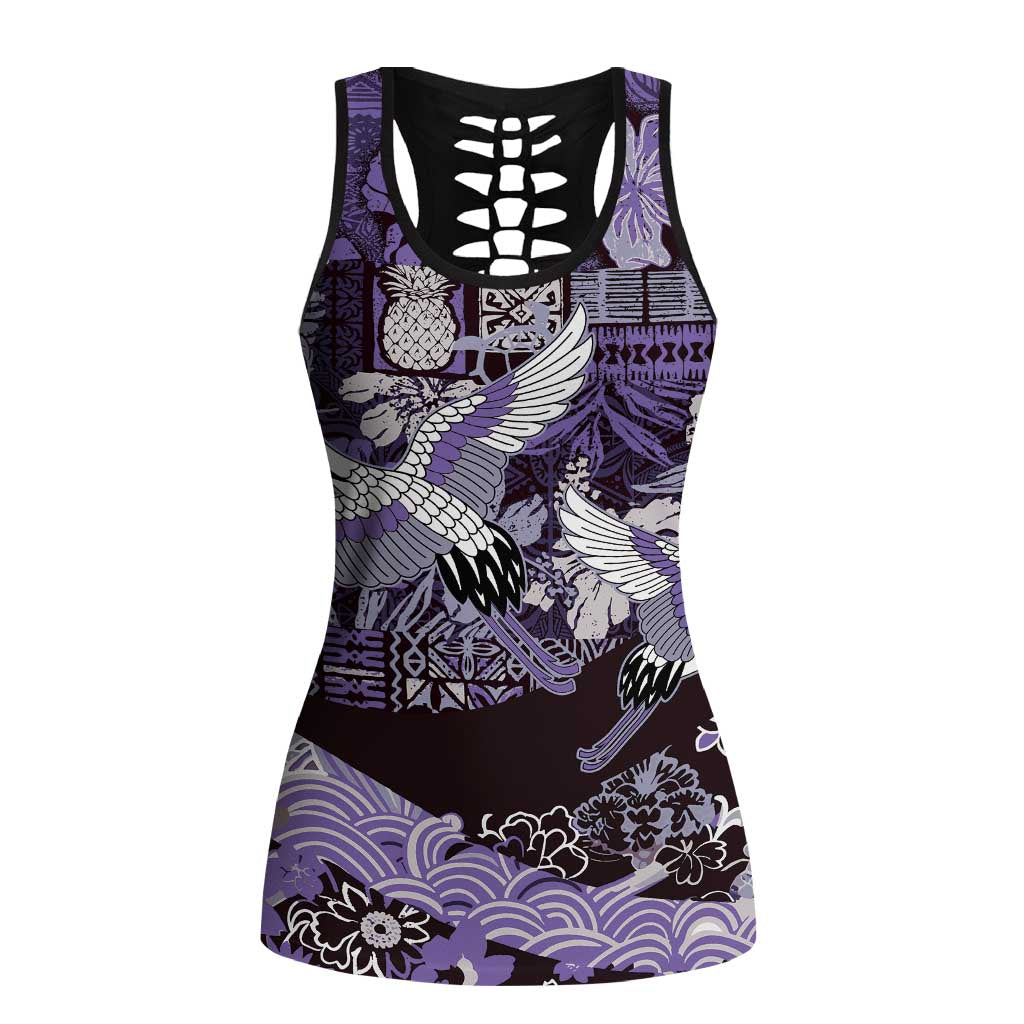 Japanese Hawaiian Crane Hollow Tank Top Purple Tapa Patchwork Pattern LT9 Female Purple - Polynesian Pride