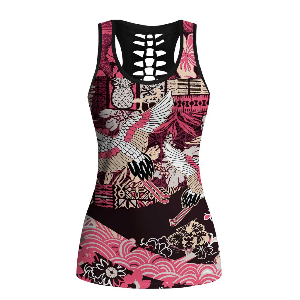 Japanese Hawaiian Crane Hollow Tank Top Soft Pink Tapa Patchwork Pattern LT9 Female Pink - Polynesian Pride