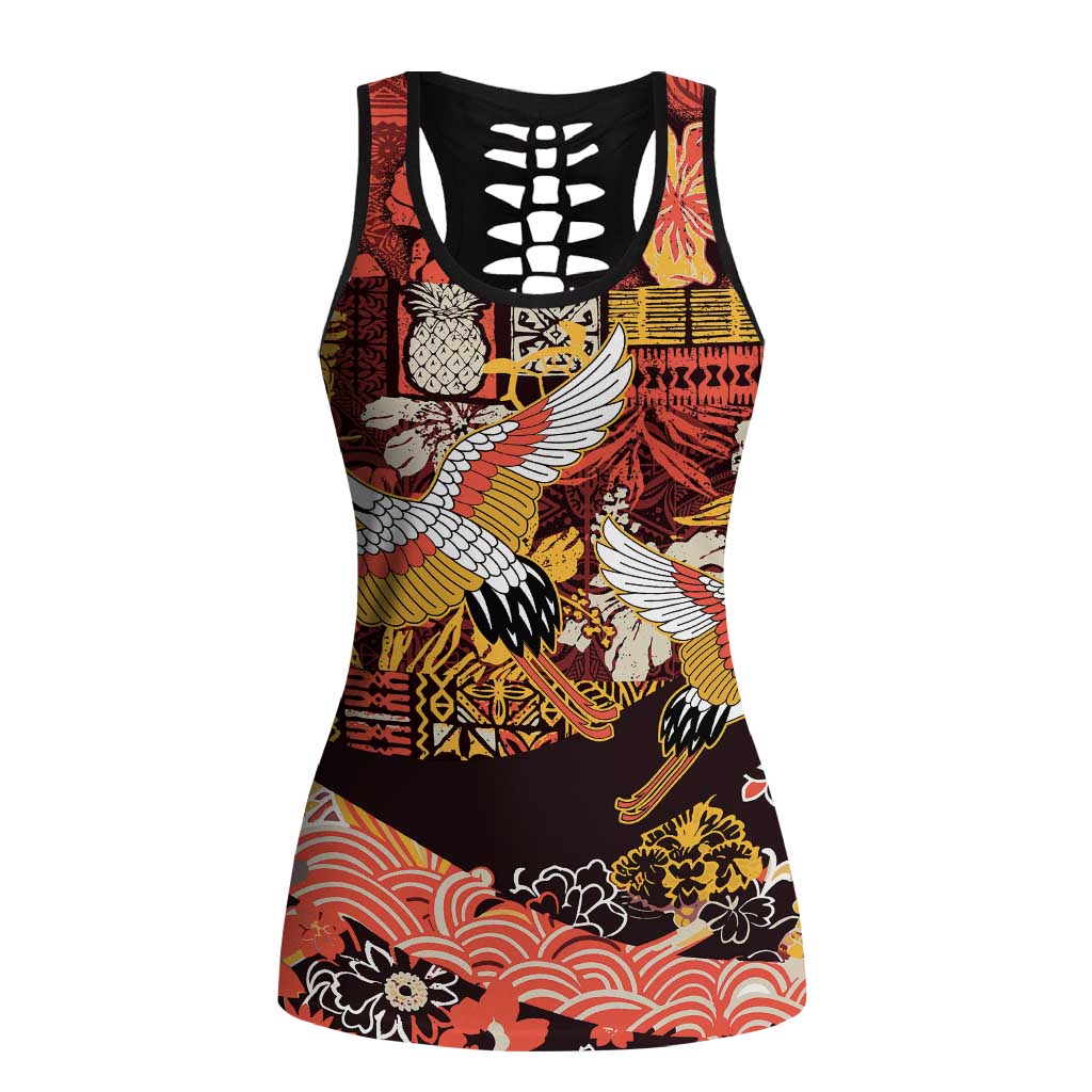 Japanese Hawaiian Crane Hollow Tank Top Yellow Ochre Tapa Patchwork Pattern LT9 Female Yellow - Polynesian Pride