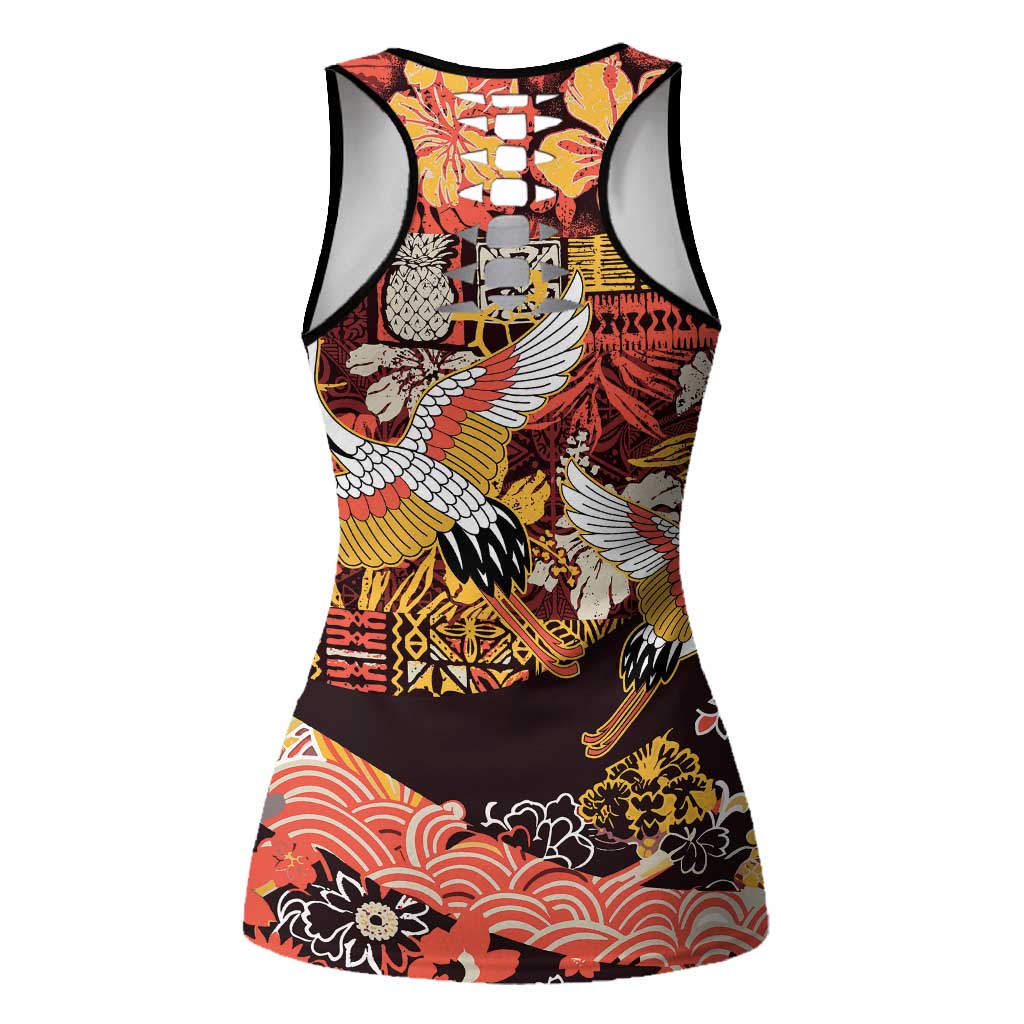 Japanese Hawaiian Crane Hollow Tank Top Yellow Ochre Tapa Patchwork Pattern LT9 - Polynesian Pride