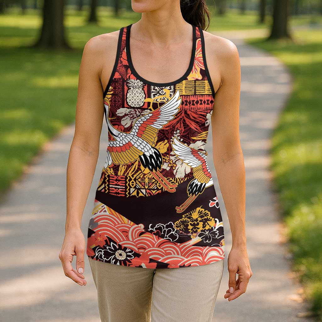 Japanese Hawaiian Crane Hollow Tank Top Yellow Ochre Tapa Patchwork Pattern LT9 - Polynesian Pride