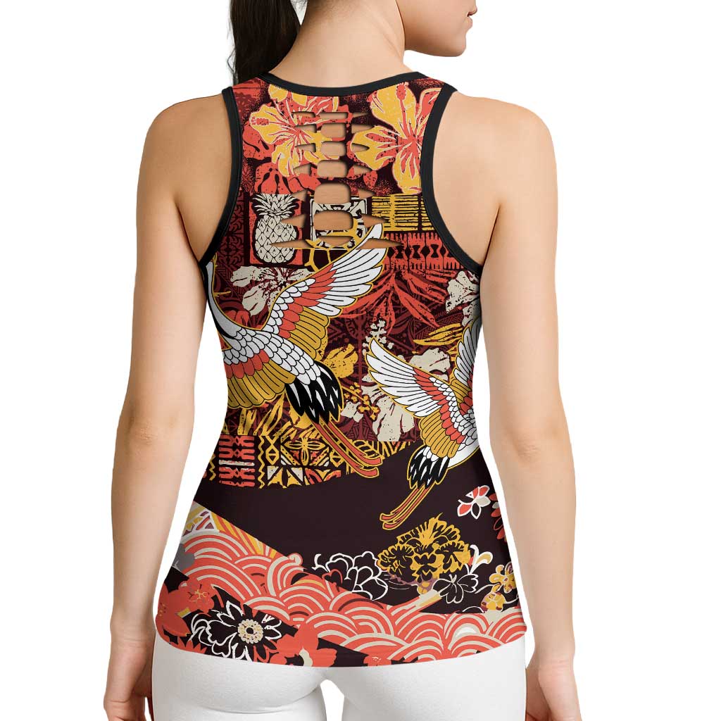Japanese Hawaiian Crane Hollow Tank Top Yellow Ochre Tapa Patchwork Pattern LT9 - Polynesian Pride