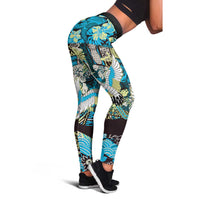 Japanese Hawaiian Crane Leggings Blue Tapa Patchwork Pattern LT9 - Polynesian Pride