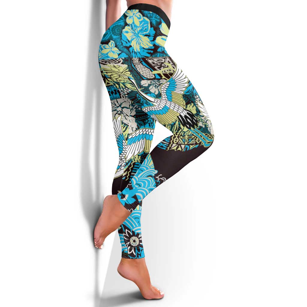 Japanese Hawaiian Crane Leggings Blue Tapa Patchwork Pattern LT9 - Polynesian Pride
