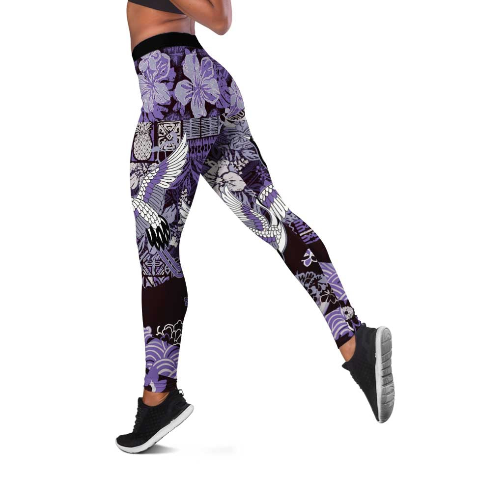 Japanese Hawaiian Crane Leggings Purple Tapa Patchwork Pattern LT9 Purple - Polynesian Pride
