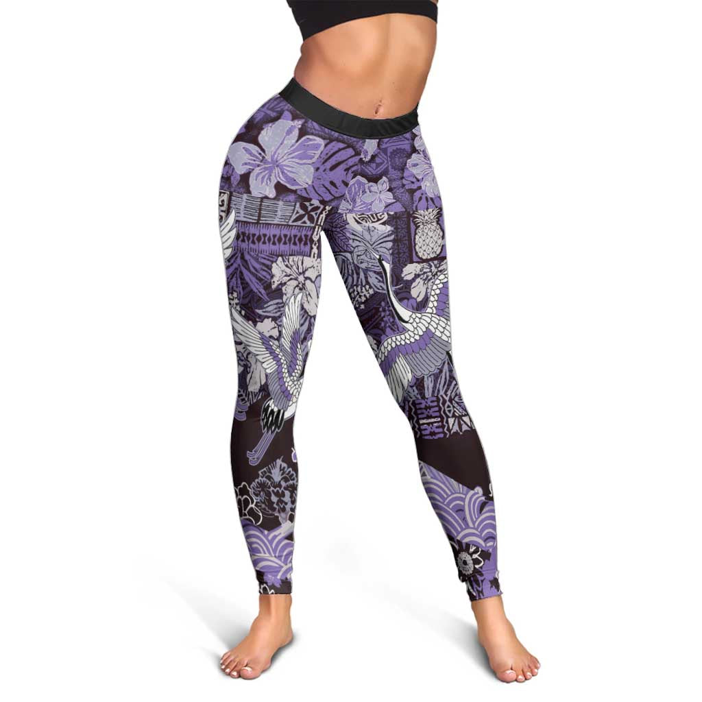 Japanese Hawaiian Crane Leggings Purple Tapa Patchwork Pattern LT9 - Polynesian Pride