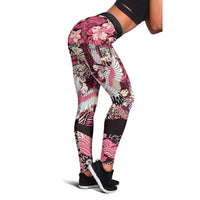 Japanese Hawaiian Crane Leggings Soft Pink Tapa Patchwork Pattern LT9 - Polynesian Pride