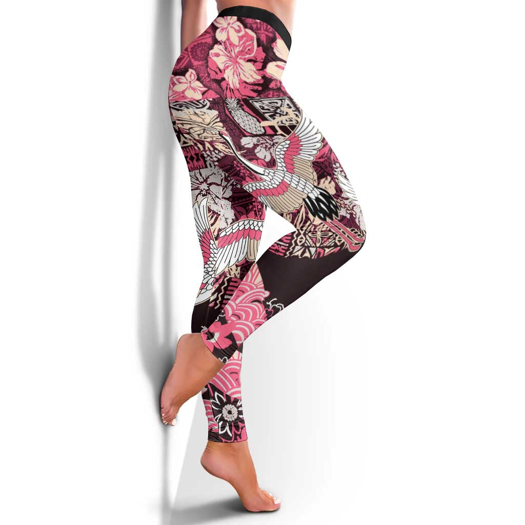 Japanese Hawaiian Crane Leggings Soft Pink Tapa Patchwork Pattern LT9 - Polynesian Pride