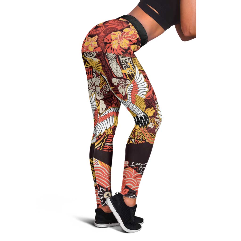 Japanese Hawaiian Crane Leggings Yellow Ochre Tapa Patchwork Pattern