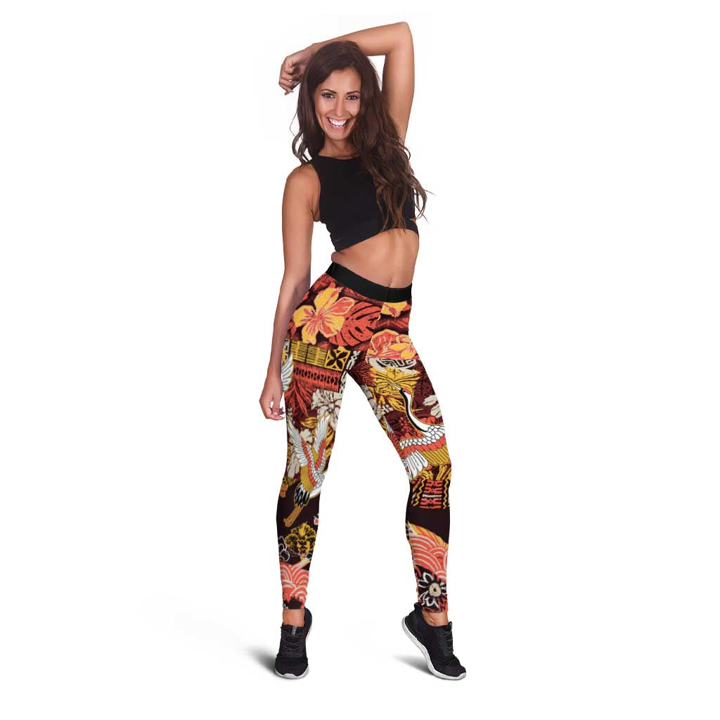 Japanese Hawaiian Crane Leggings Yellow Ochre Tapa Patchwork Pattern