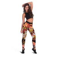 Japanese Hawaiian Crane Leggings Yellow Ochre Tapa Patchwork Pattern