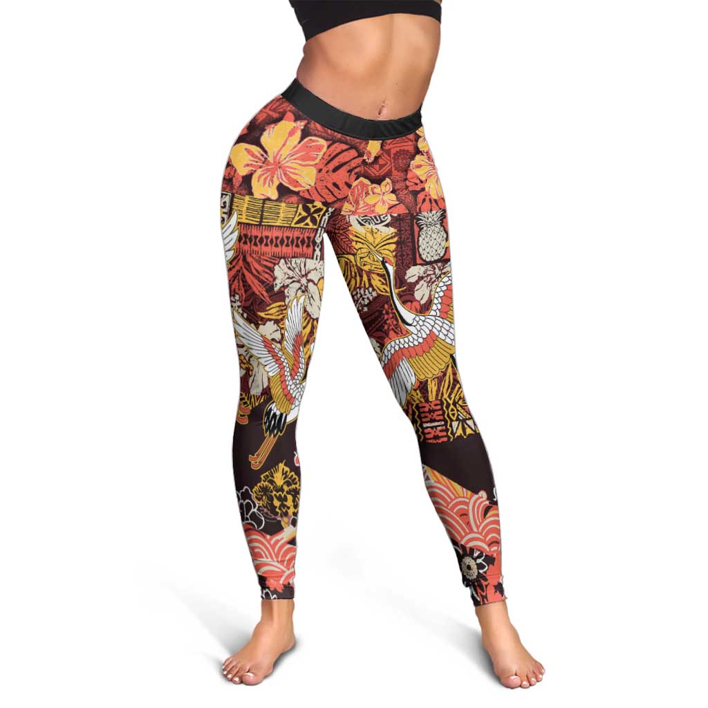 Japanese Hawaiian Crane Leggings Yellow Ochre Tapa Patchwork Pattern