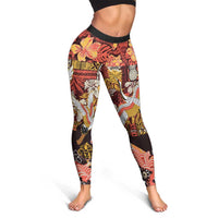 Japanese Hawaiian Crane Leggings Yellow Ochre Tapa Patchwork Pattern