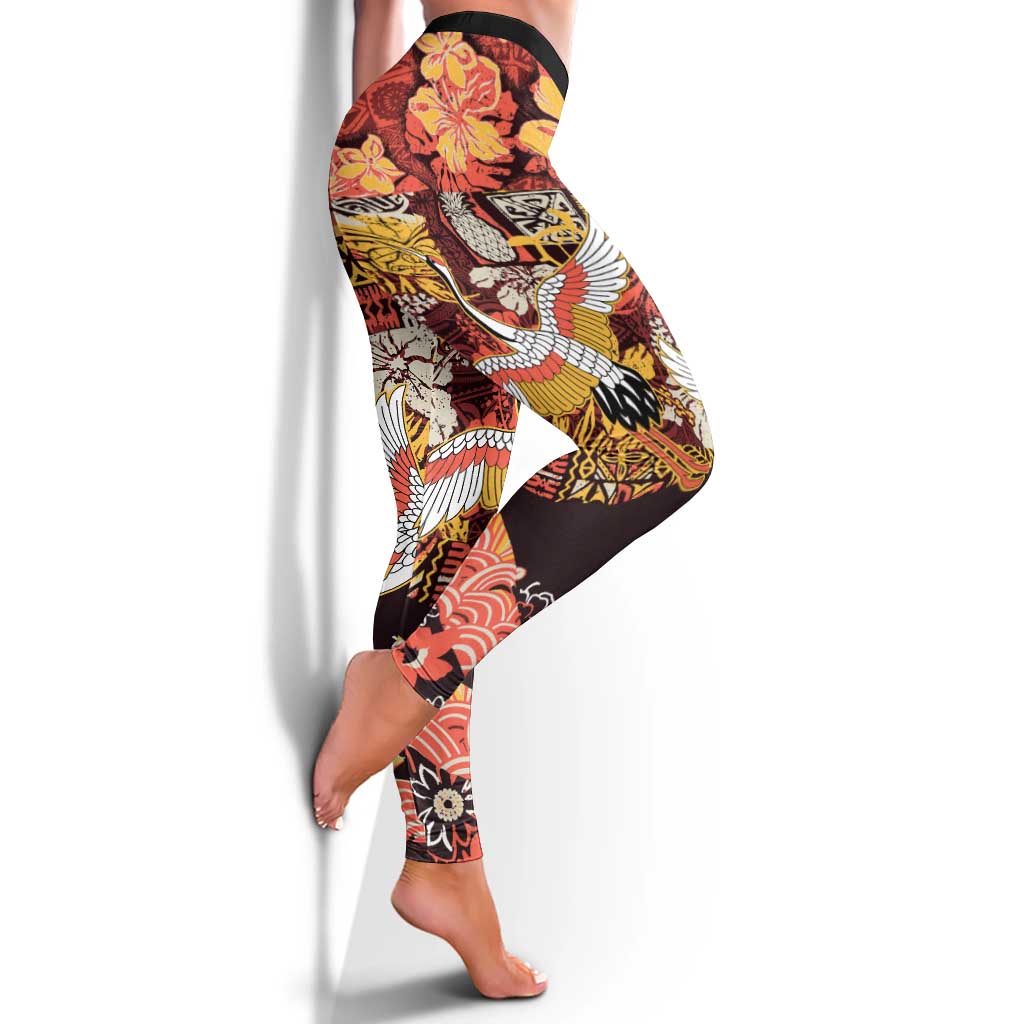 Japanese Hawaiian Crane Leggings Yellow Ochre Tapa Patchwork Pattern