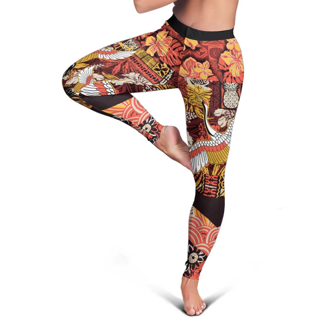 Japanese Hawaiian Crane Leggings Yellow Ochre Tapa Patchwork Pattern