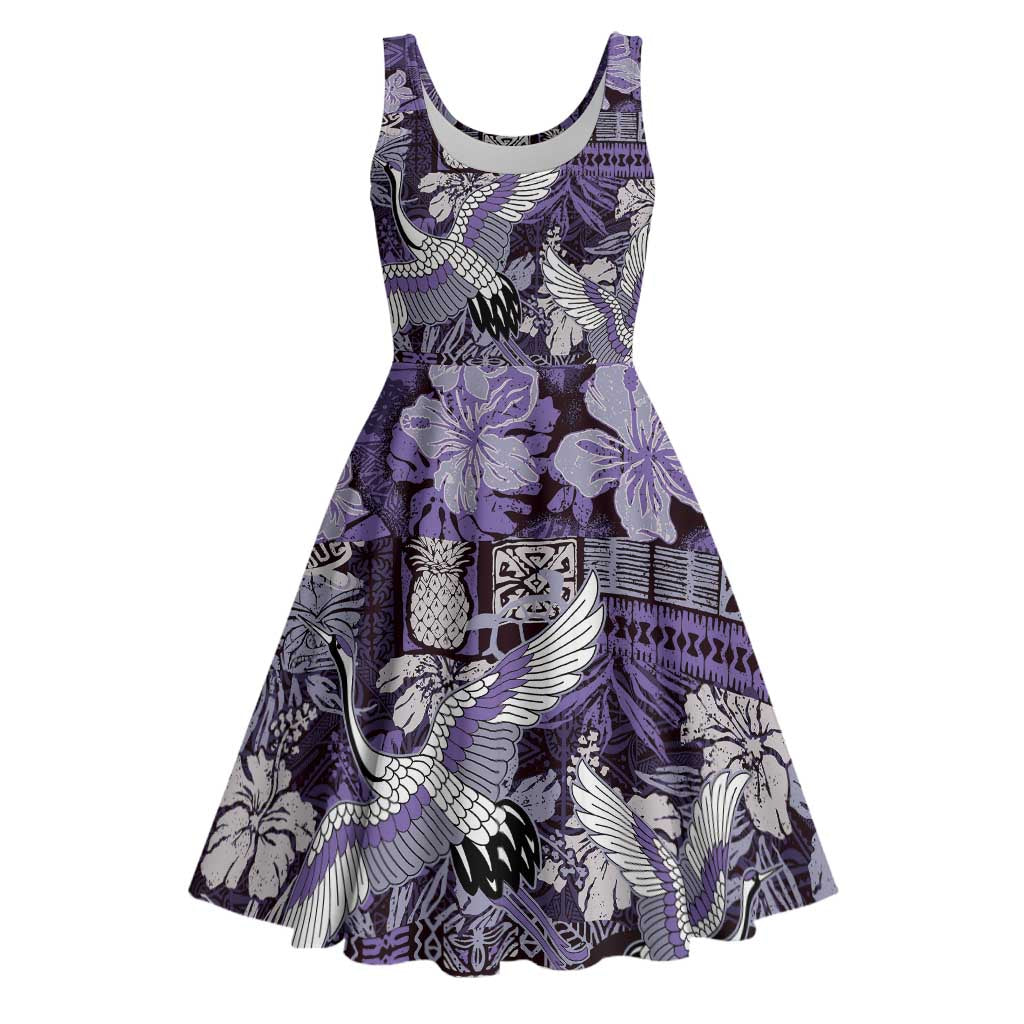 Japanese Hawaiian Crane Midi Dress Purple Tapa Patchwork Pattern