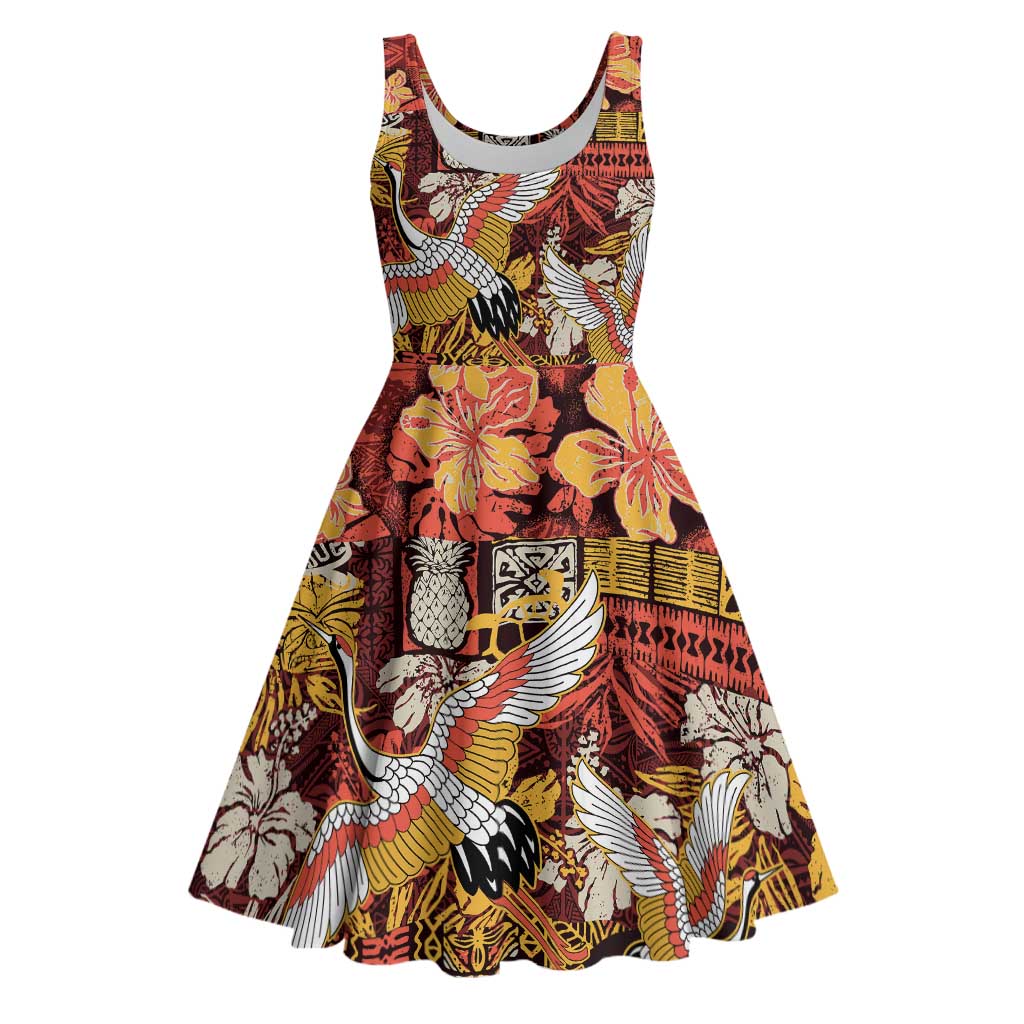 Japanese Hawaiian Crane Midi Dress Yellow Ochre Tapa Patchwork Pattern