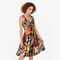 Japanese Hawaiian Crane Midi Dress Yellow Ochre Tapa Patchwork Pattern
