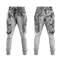 Japanese Irezumi and Hawaiian Polynesian Art Tattoo Jogger Pants White Color - Polynesian Pride