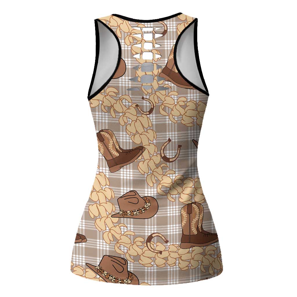 Khaki Palaka Hawaii Cowboy Hollow Tank Top Puakenikeni Lei Paniolo Papale Seamless Vibes - Polynesian Pride