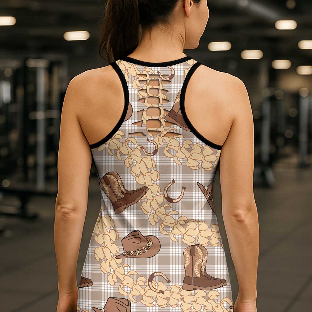 Khaki Palaka Hawaii Cowboy Hollow Tank Top Puakenikeni Lei Paniolo Papale Seamless Vibes - Polynesian Pride