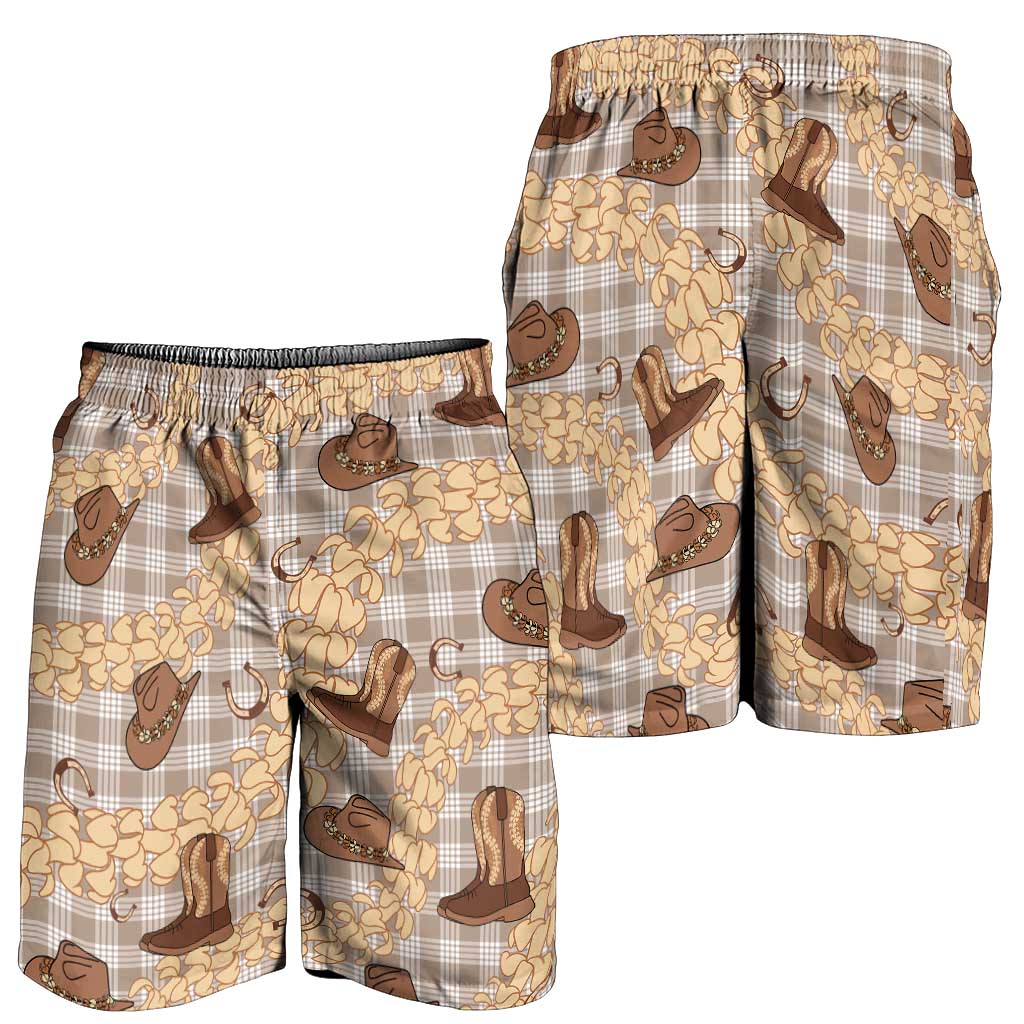 Khaki Palaka Hawaii Cowboy Shorts for Men Puakenikeni Lei Paniolo Papale Seamless Vibes - Polynesian Pride