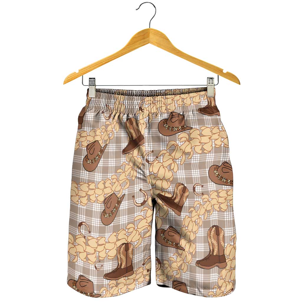 Khaki Palaka Hawaii Cowboy Shorts for Men Puakenikeni Lei Paniolo Papale Seamless Vibes - Polynesian Pride