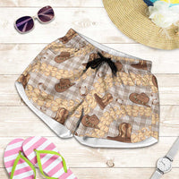 Khaki Palaka Hawaii Cowboy Shorts for Women Puakenikeni Lei Paniolo Papale Seamless Vibes - Polynesian Pride