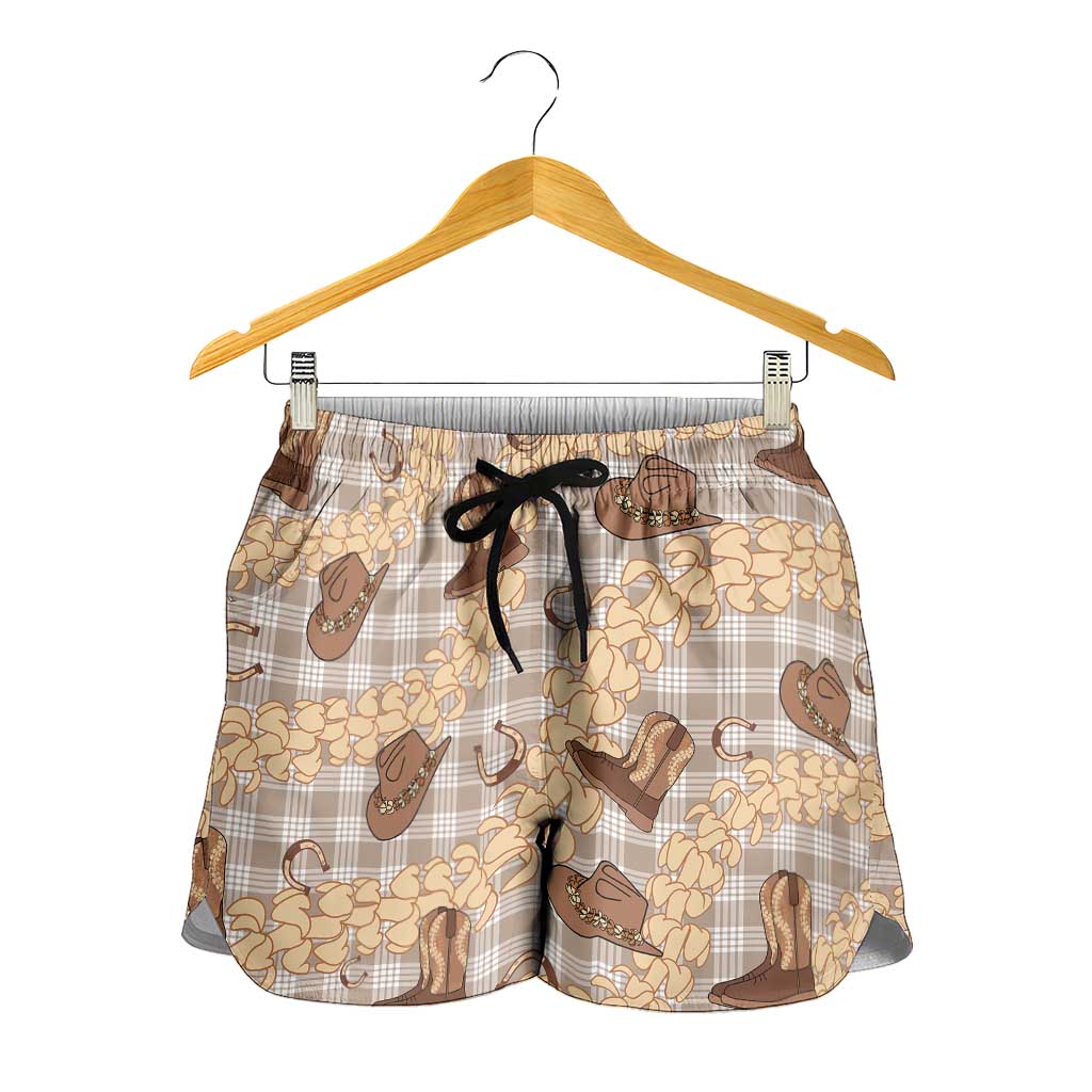 Khaki Palaka Hawaii Cowboy Shorts for Women Puakenikeni Lei Paniolo Papale Seamless Vibes - Polynesian Pride