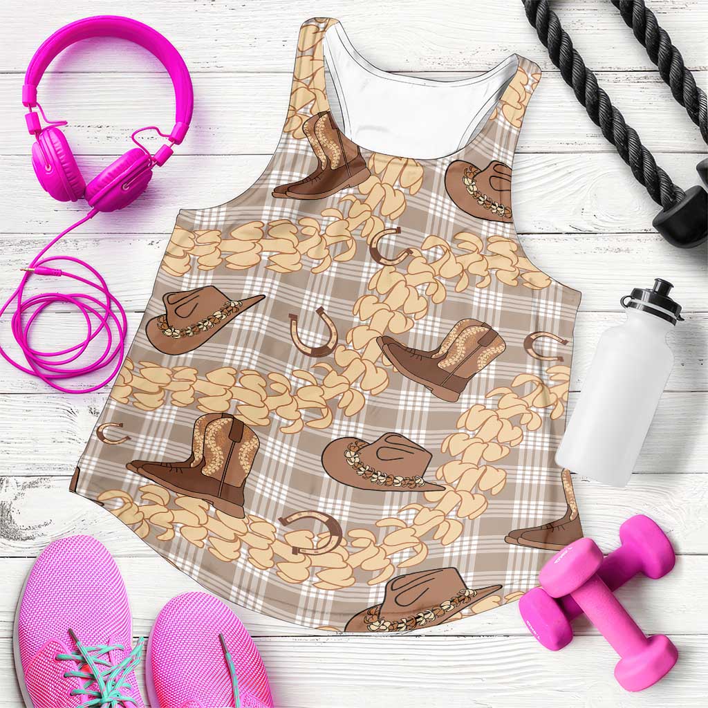 Khaki Palaka Hawaii Cowboy Women Racerback Tank Puakenikeni Lei Paniolo Papale Seamless Vibes - Polynesian Pride