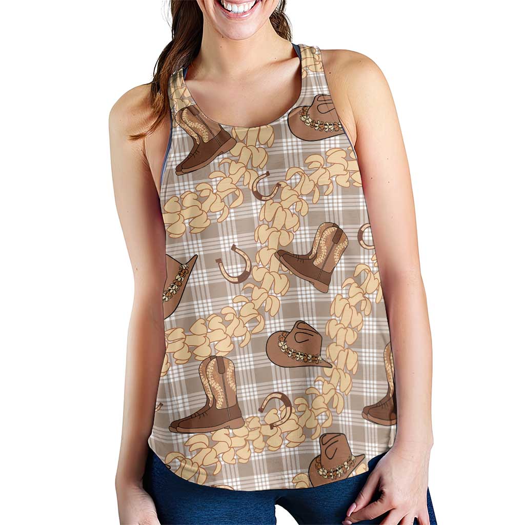 Khaki Palaka Hawaii Cowboy Women Racerback Tank Puakenikeni Lei Paniolo Papale Seamless Vibes - Polynesian Pride