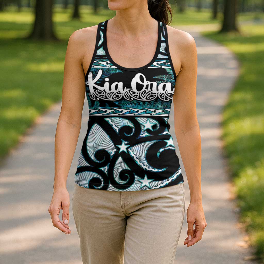 Kia Ora New Zealand Hollow Tank Top Aotearoa Proud Maori Paua Shell Silver Fern - Polynesian Pride
