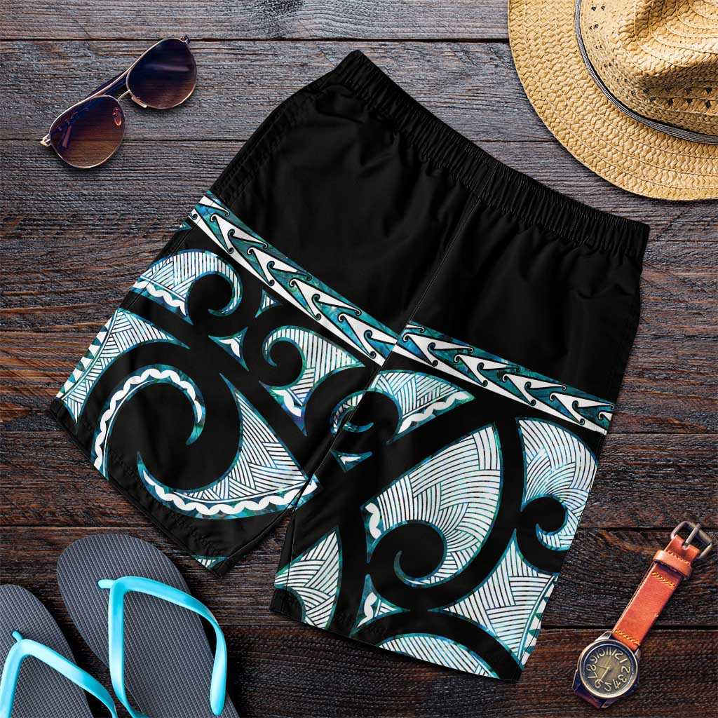 Kia Ora New Zealand Shorts for Men Aotearoa Proud Maori Paua Shell Silver Fern LT14 Black - Polynesian Pride