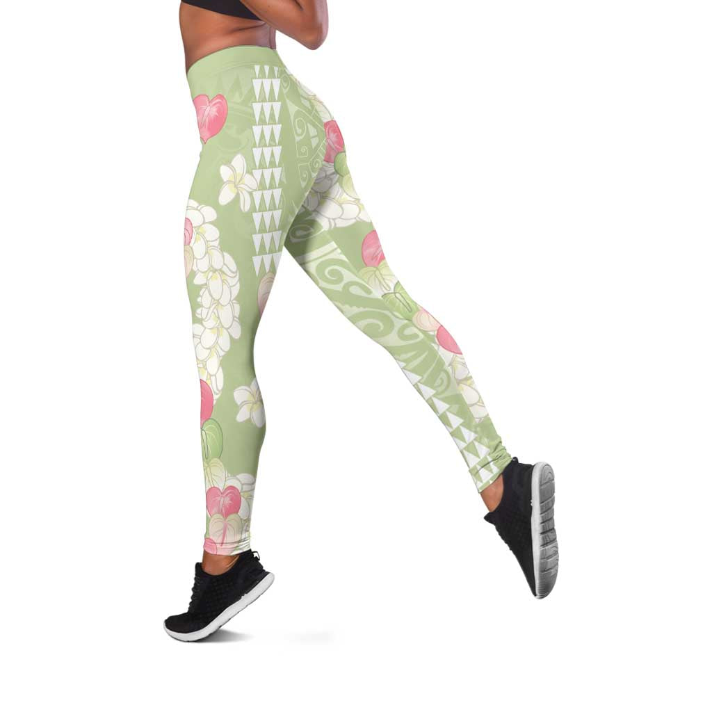 Leaf Green Hawaii Anthurium Plumeria Lei Leggings LT9 Green - Polynesian Pride