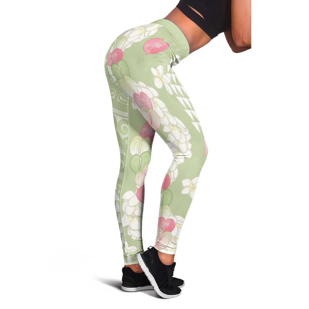 Leaf Green Hawaii Anthurium Plumeria Lei Leggings LT9 - Polynesian Pride