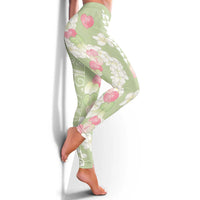 Leaf Green Hawaii Anthurium Plumeria Lei Leggings LT9 - Polynesian Pride