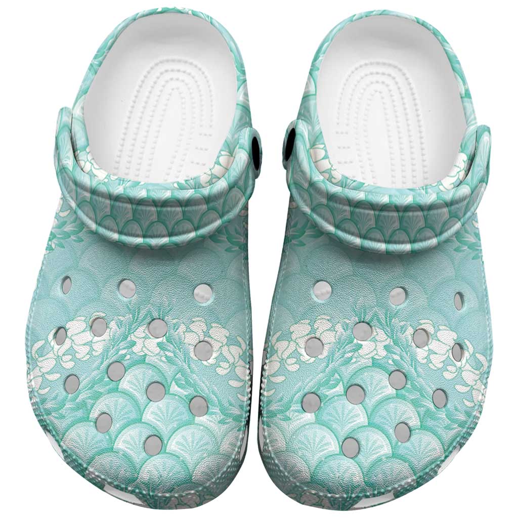 Light Turquoise Mermaid Puakenikeni Maile Lei Clogs Shoes
