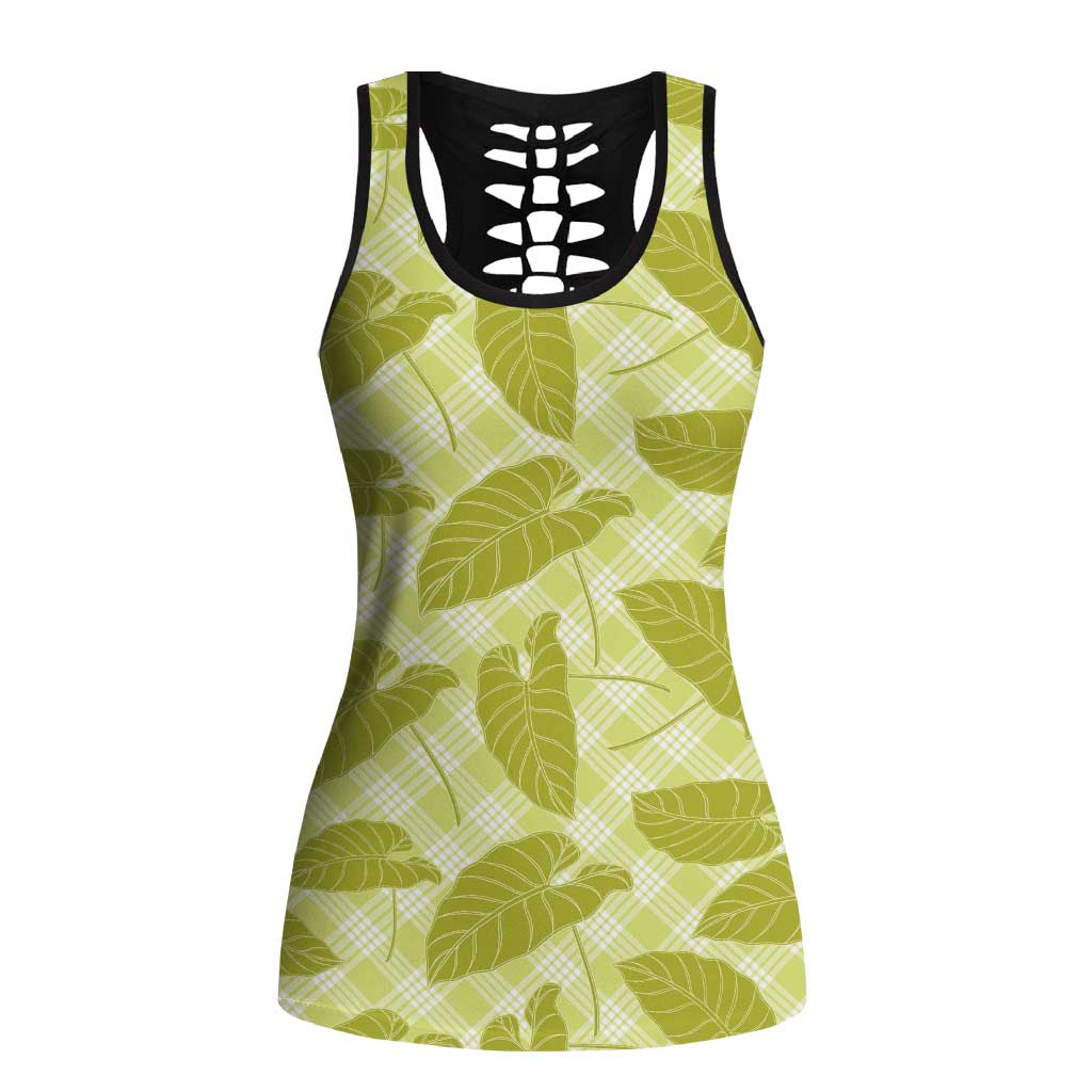 Lime Green Hawaii Kalo Palaka Motifs Hollow Tank Top Hawaiian Taro Leaves Elegant Vibes