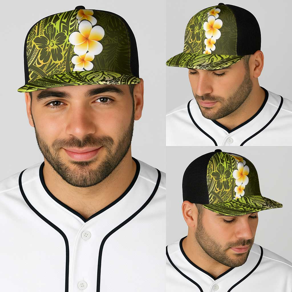 Lime Green Polynesia Baseball Net Cap Plumeria Tropical Leaves With Galaxy Polynesian Art - Polynesian Pride