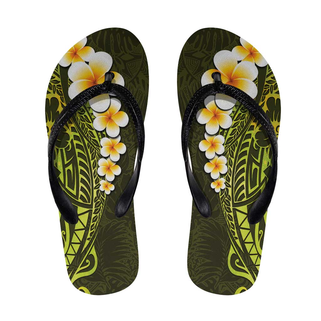 Lime Green Polynesia Flip Flops Plumeria Tropical Leaves Galaxy Polynesian Art - Polynesian Pride
