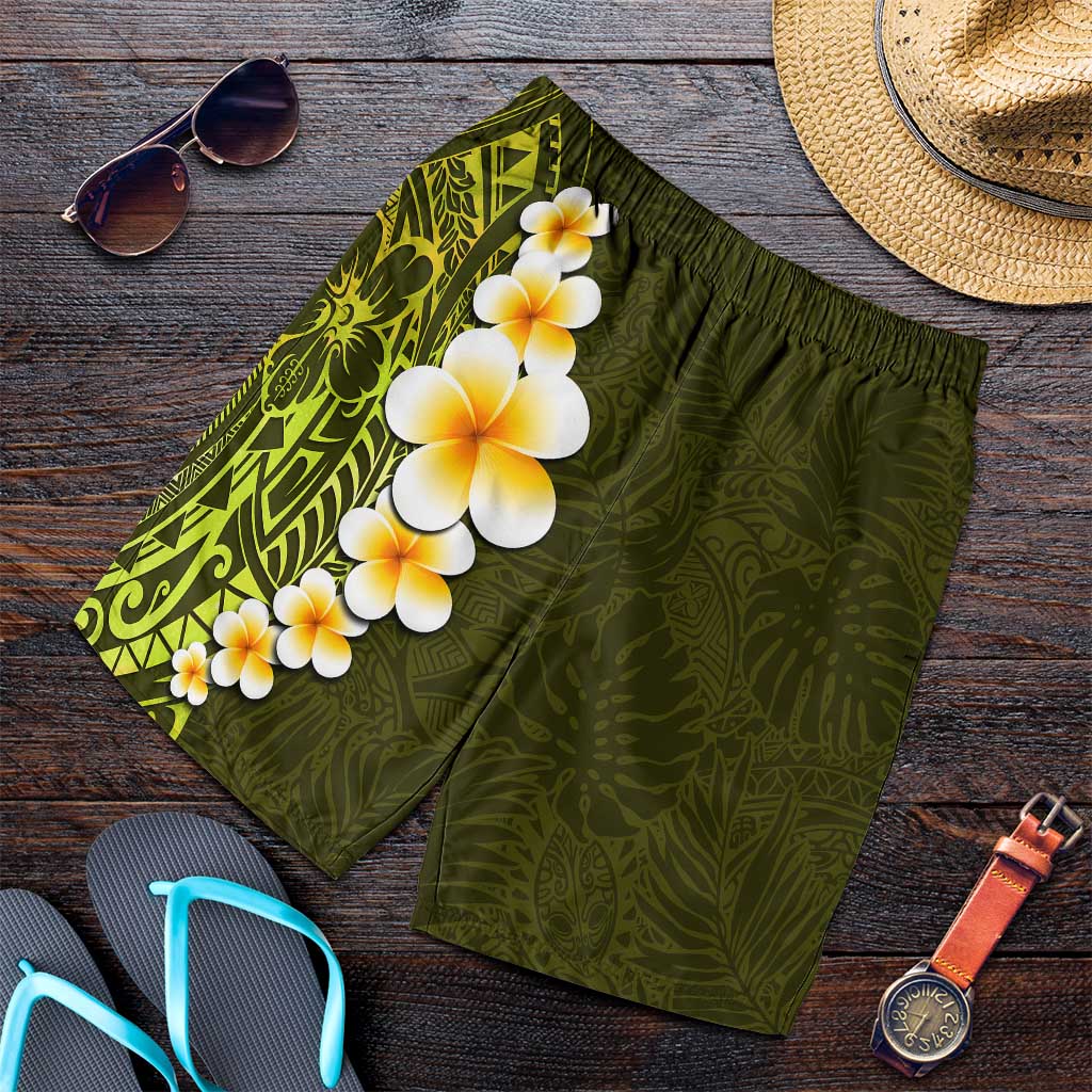 Lime Green Polynesia Shorts for Men Plumeria Tropical Leaves With Galaxy Polynesian Art LT14 Lime Green - Polynesian Pride
