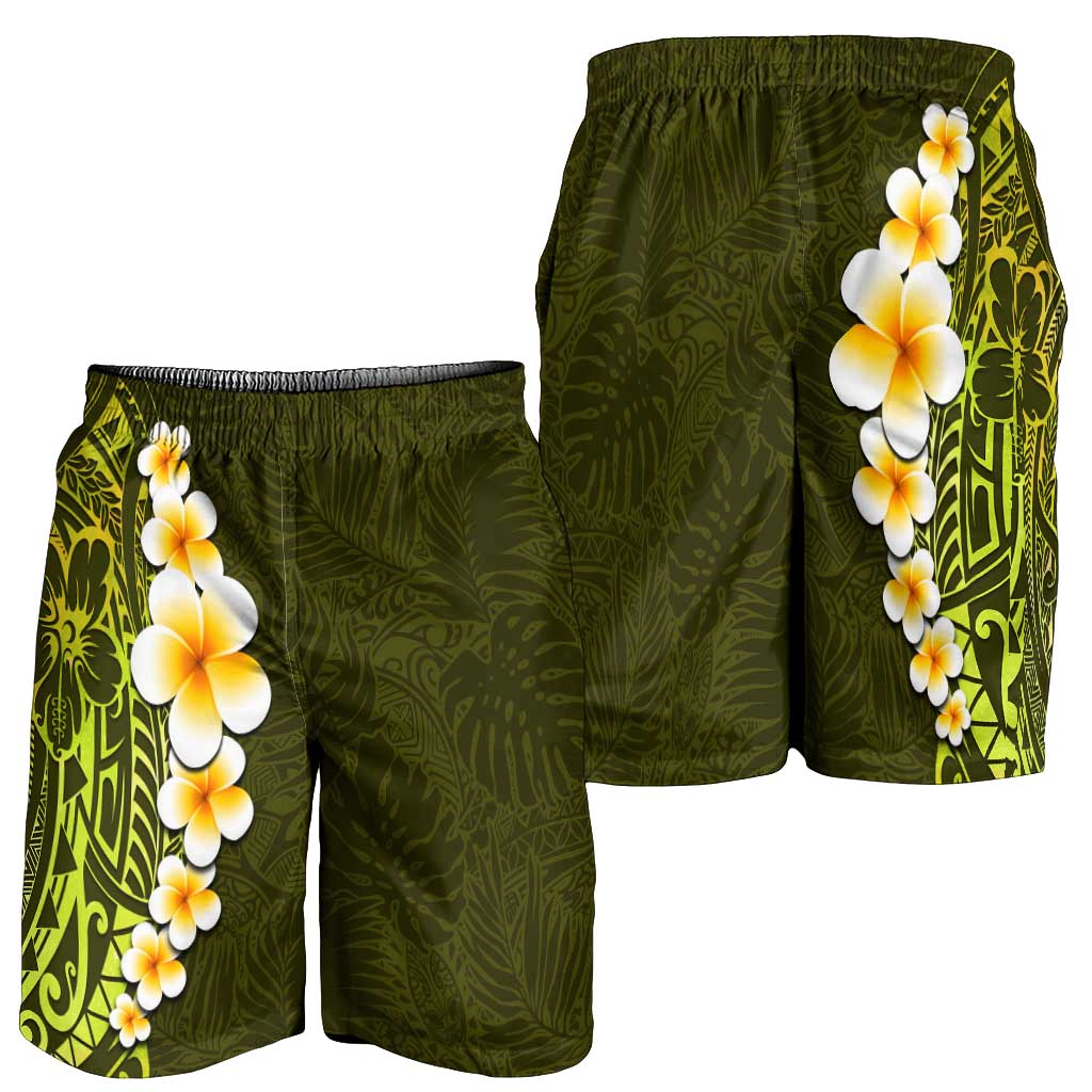 Lime Green Polynesia Shorts for Men Plumeria Tropical Leaves With Galaxy Polynesian Art LT14 - Polynesian Pride