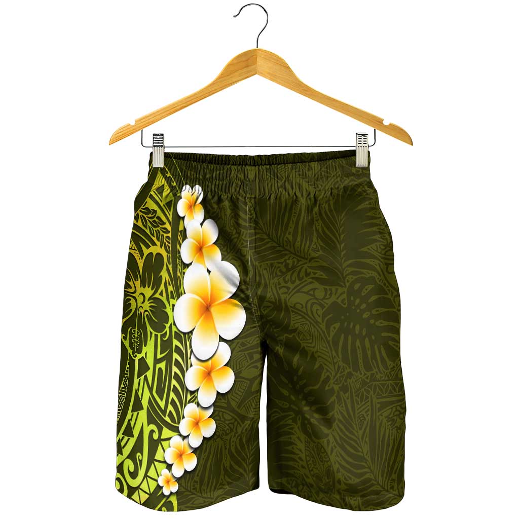 Lime Green Polynesia Shorts for Men Plumeria Tropical Leaves With Galaxy Polynesian Art LT14 - Polynesian Pride