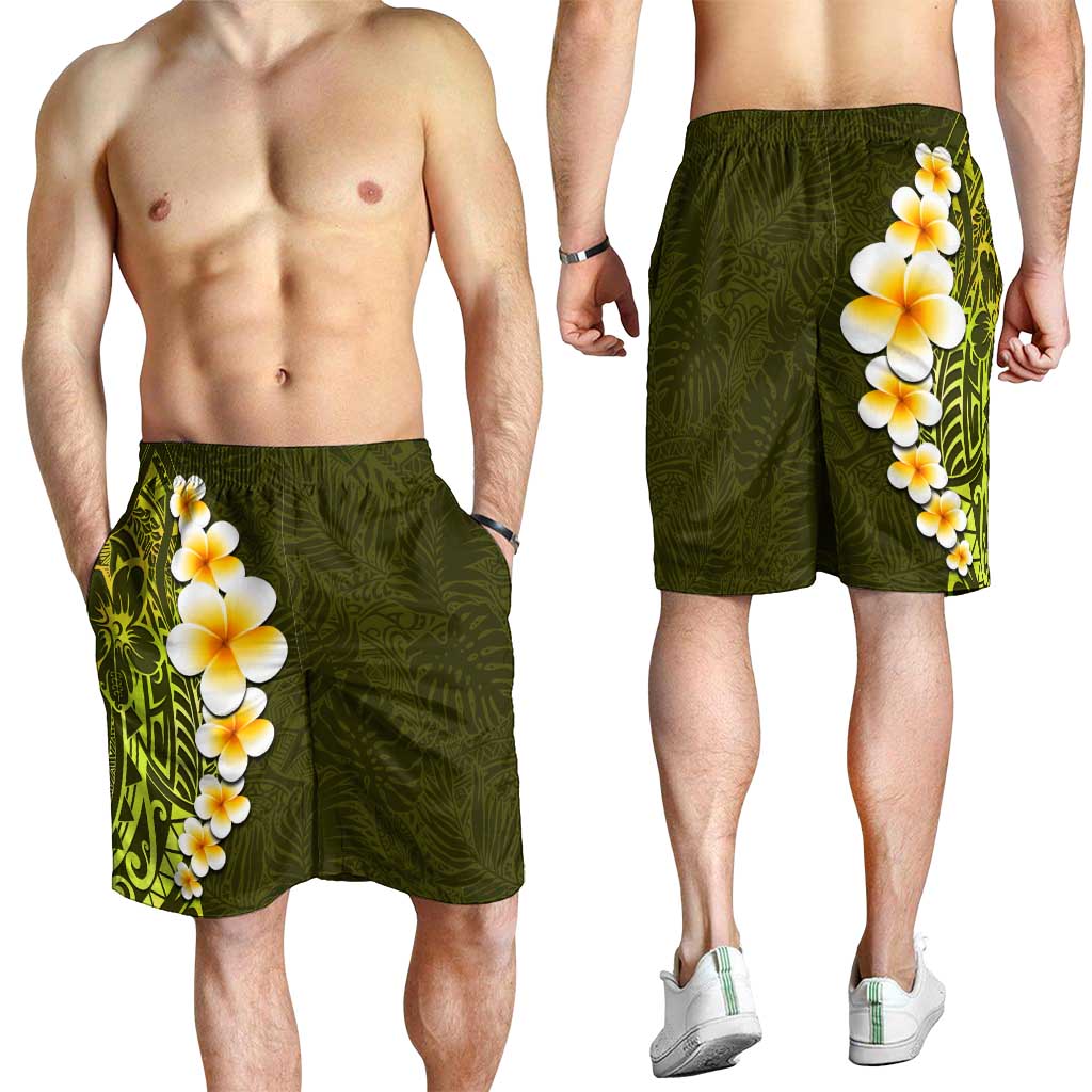 Lime Green Polynesia Shorts for Men Plumeria Tropical Leaves With Galaxy Polynesian Art LT14 - Polynesian Pride